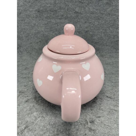 Terramoto Ceramic Pink and White Heart Polka Dot Tea Pot Valentines Day Crazing - Picture 3 of 7